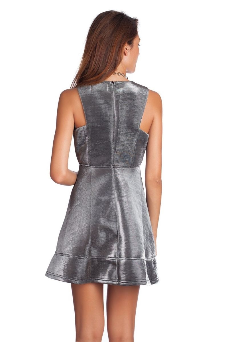 Vestido skater plata metálico con falda de vuelo fiesta y nochevieja